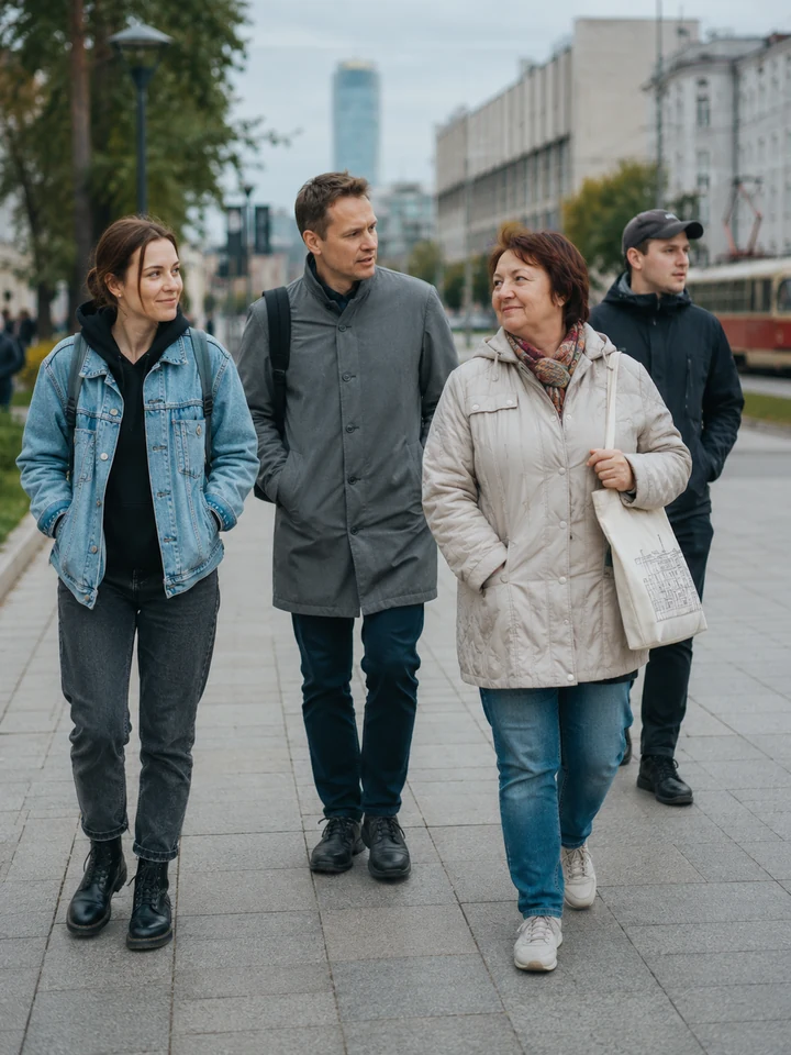 Группа людей разного возраста идут вместе по улице города
